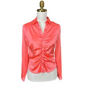 Y2K Haute Monde Coral Pink Satin Ruched Front Button Up Blouse Sz S Long Slv